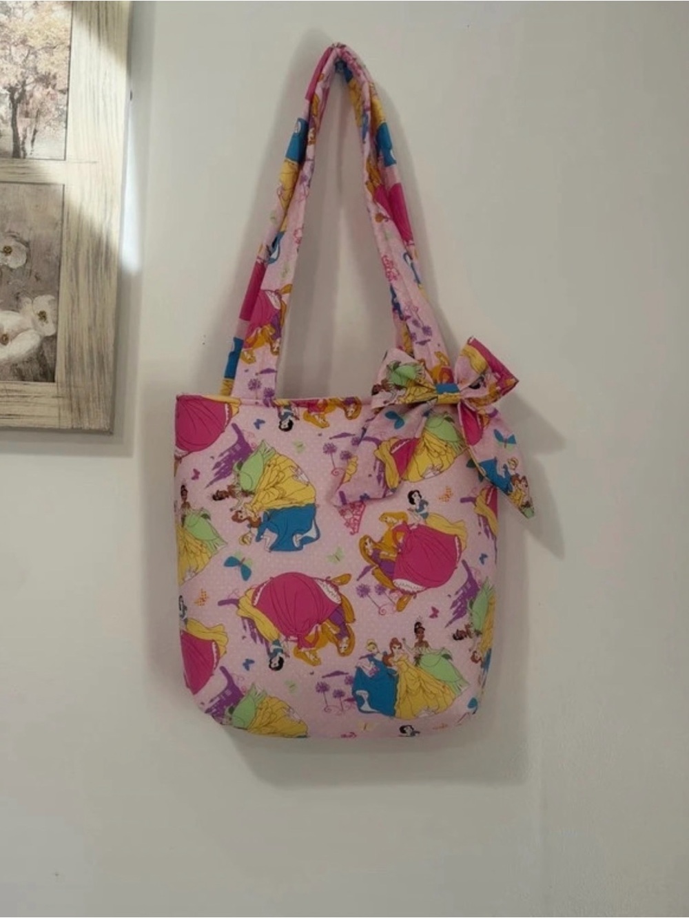 Up cycled Princess-Print Tote Bag with Bow Accent